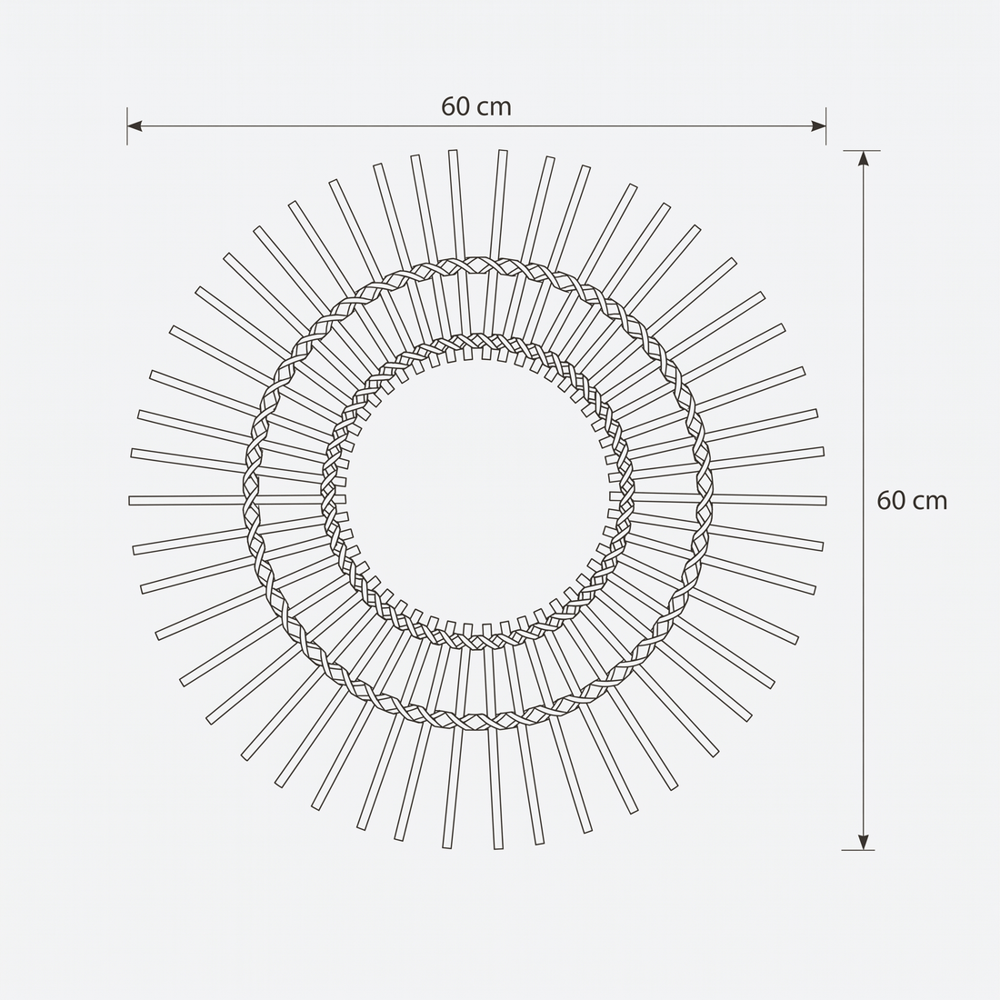 Dimensioni di Specchio da parete rotondo a sole in rattan