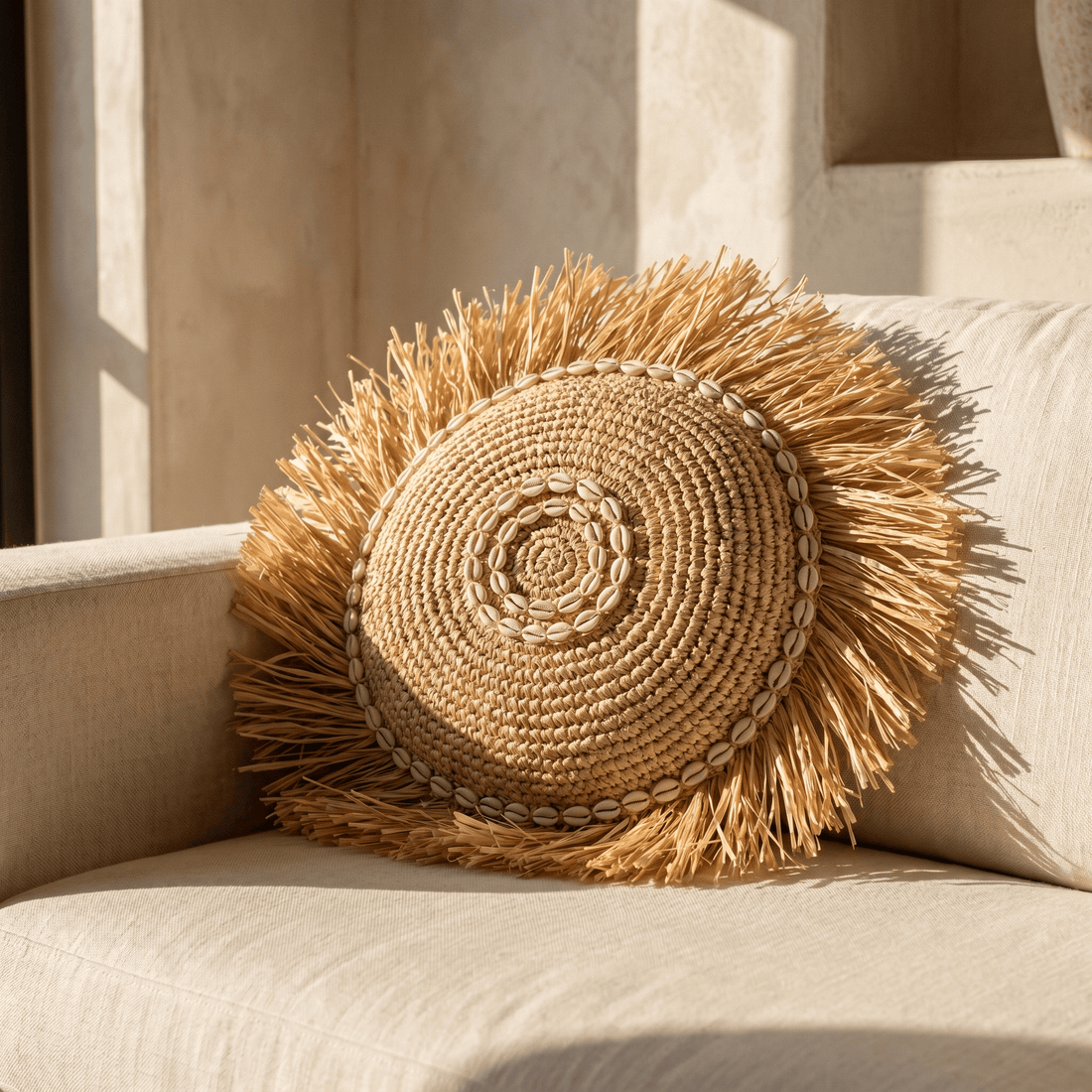Coussin Rond en Fibre Naturelle & Cauris