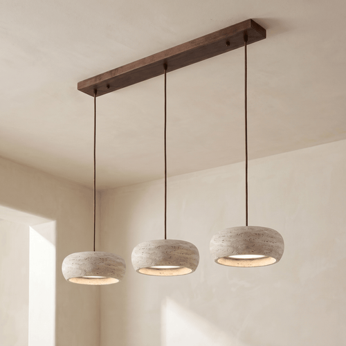 Lustre en Travertin 3 Lampes & Support en Bois