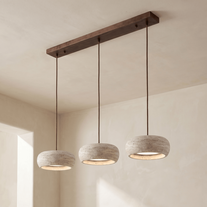 Lustre en Travertin 3 Lampes & Support en Bois