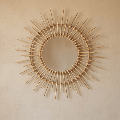 Runder Sonnenspiegel mit Doppelring aus Rattan