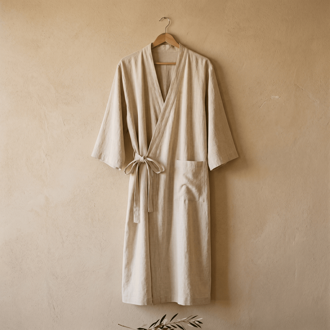 Accappatoio lungo da donna in cotone e lino con collo a kimono