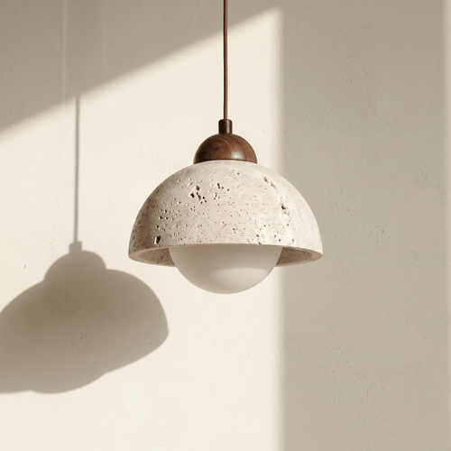 Suspension Coupelle en Travertin & Globe Opale
