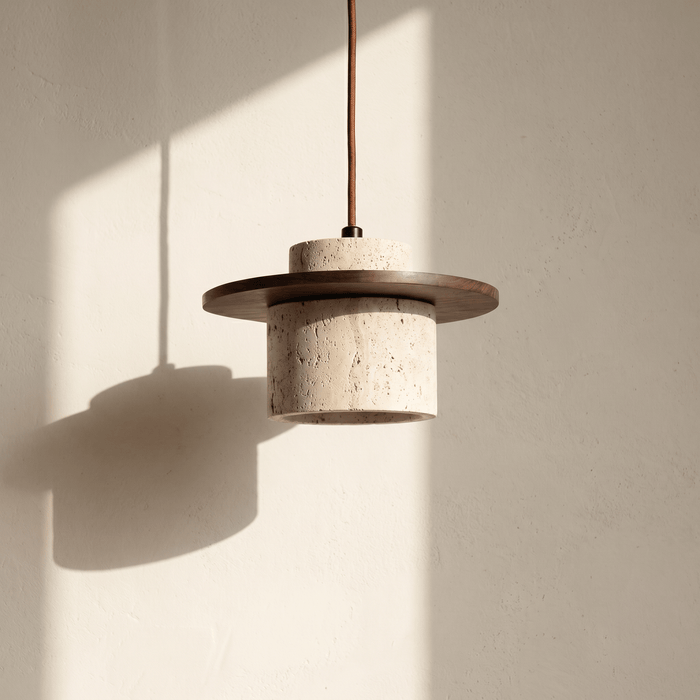 Suspension Cylindre en Travertin & Plateau Bois