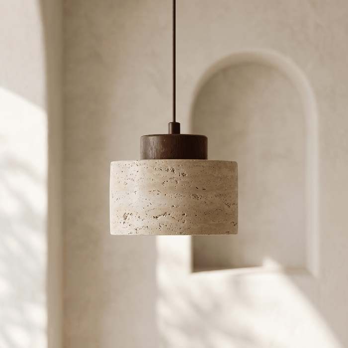 Suspension en Travertin & Capuchon Bois Foncé