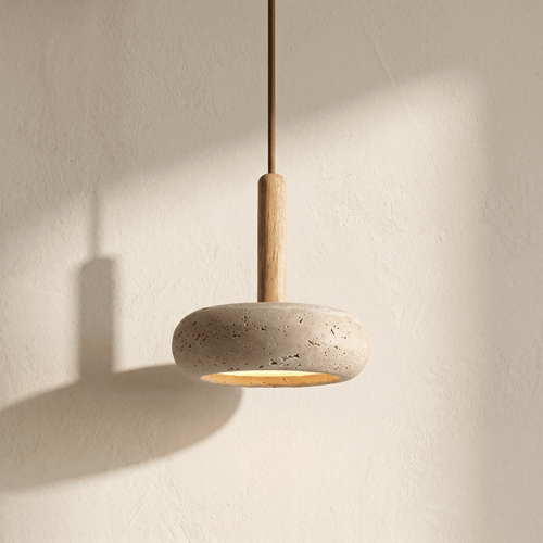 Suspension Galet en Travertin & Embout Effet Bois Clair