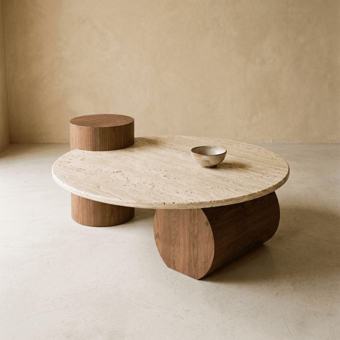 Runder Couchtisch aus Travertin & Holz mit zylindrischen Beinen