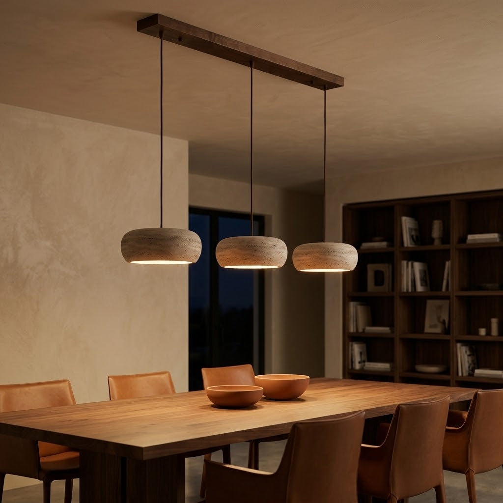 Lustre en Travertin 3 Lampes & Support en Bois