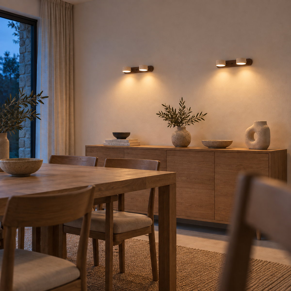 Applique a 2 faretti in travertino e legno
