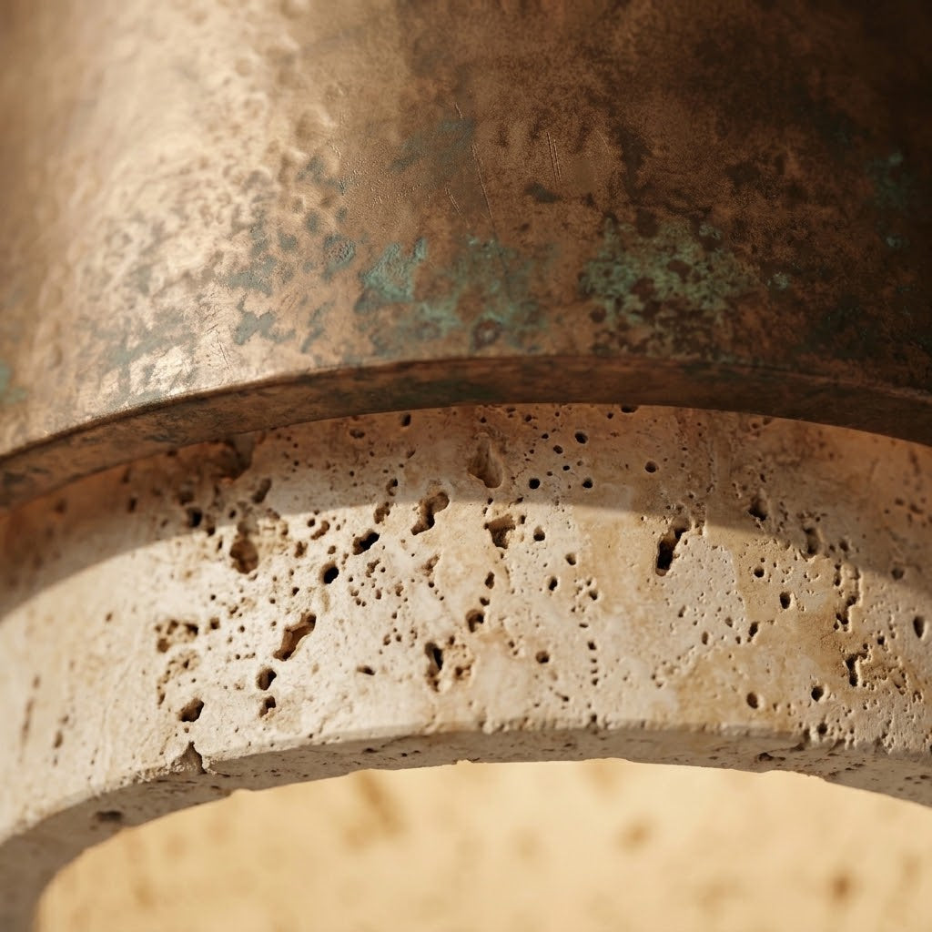 Lampada a sospensione cilindro in travertino e metallo scuro