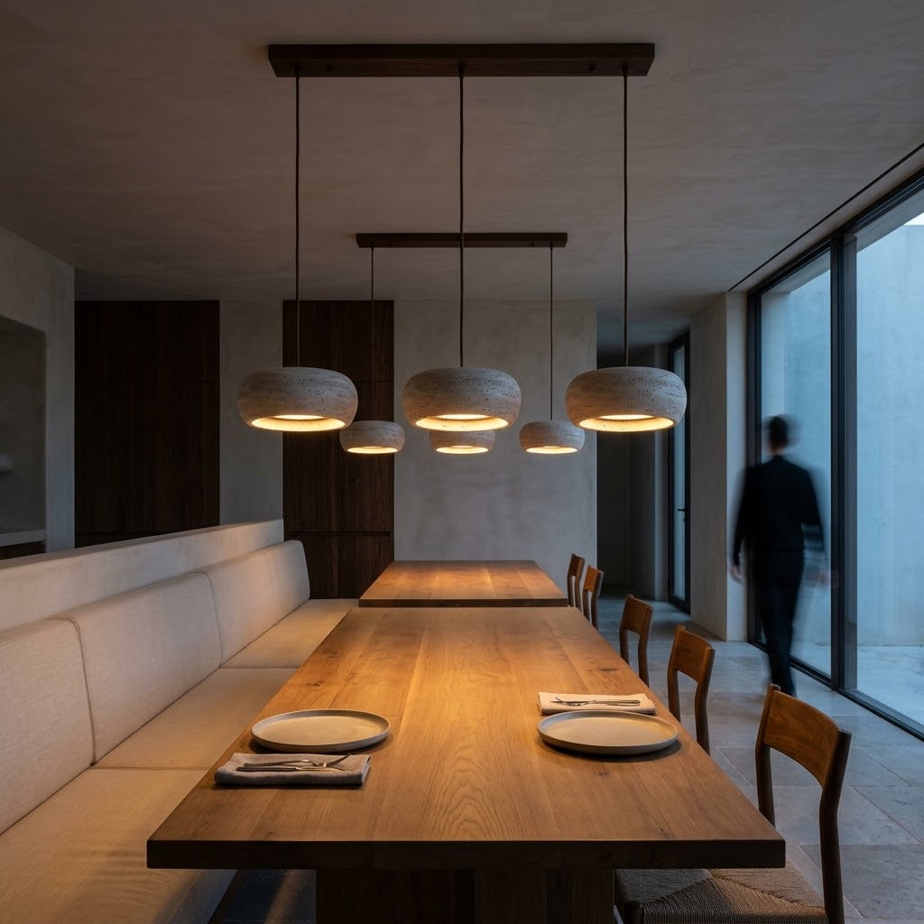 Lustre en Travertin 3 Lampes & Support en Bois