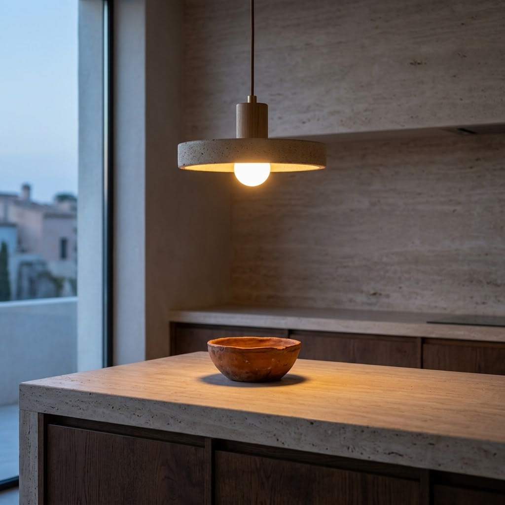 Lampada a sospensione disco in travertino e legno chiaro
