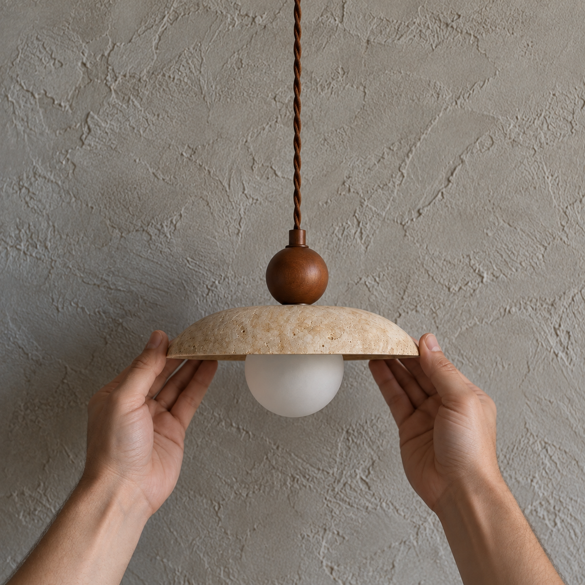 Suspension en Travertin Globe Opale & Bois