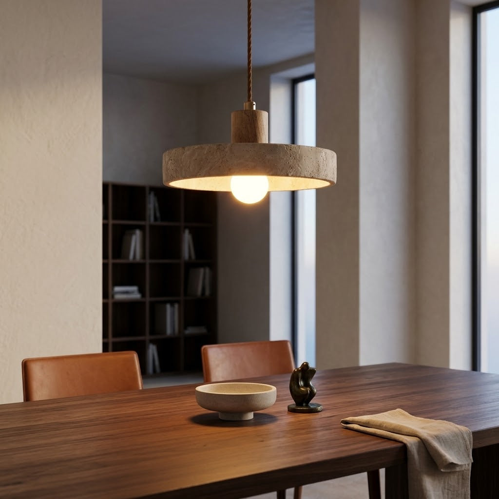 Lampada a sospensione disco in travertino e legno chiaro