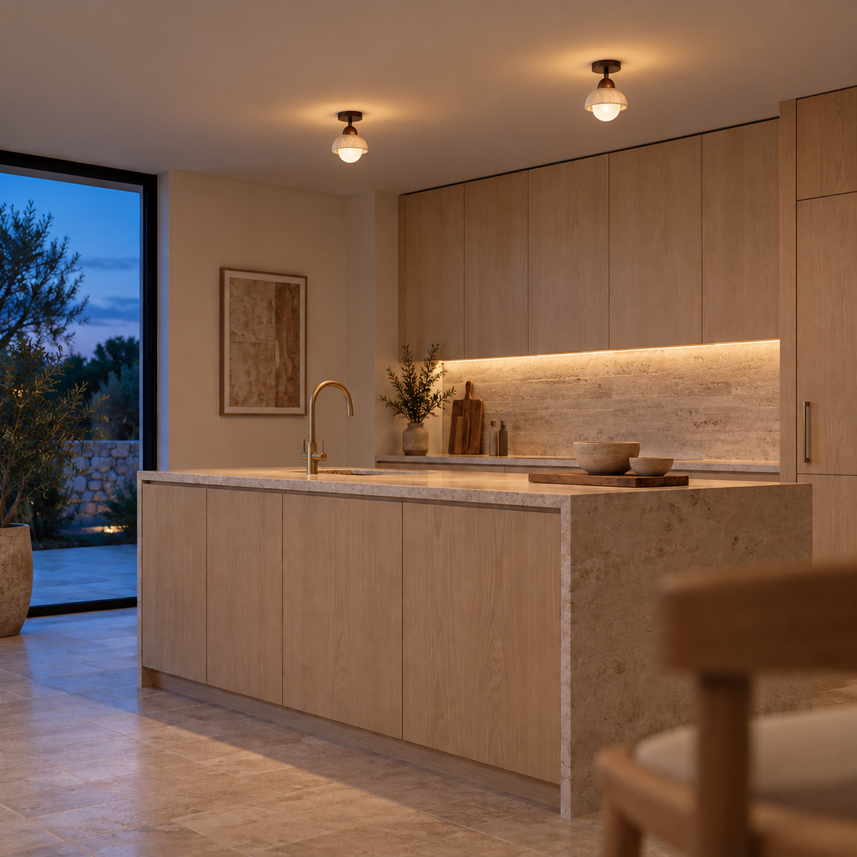 Plafonnier en Travertin Coupelle & Globe Opale