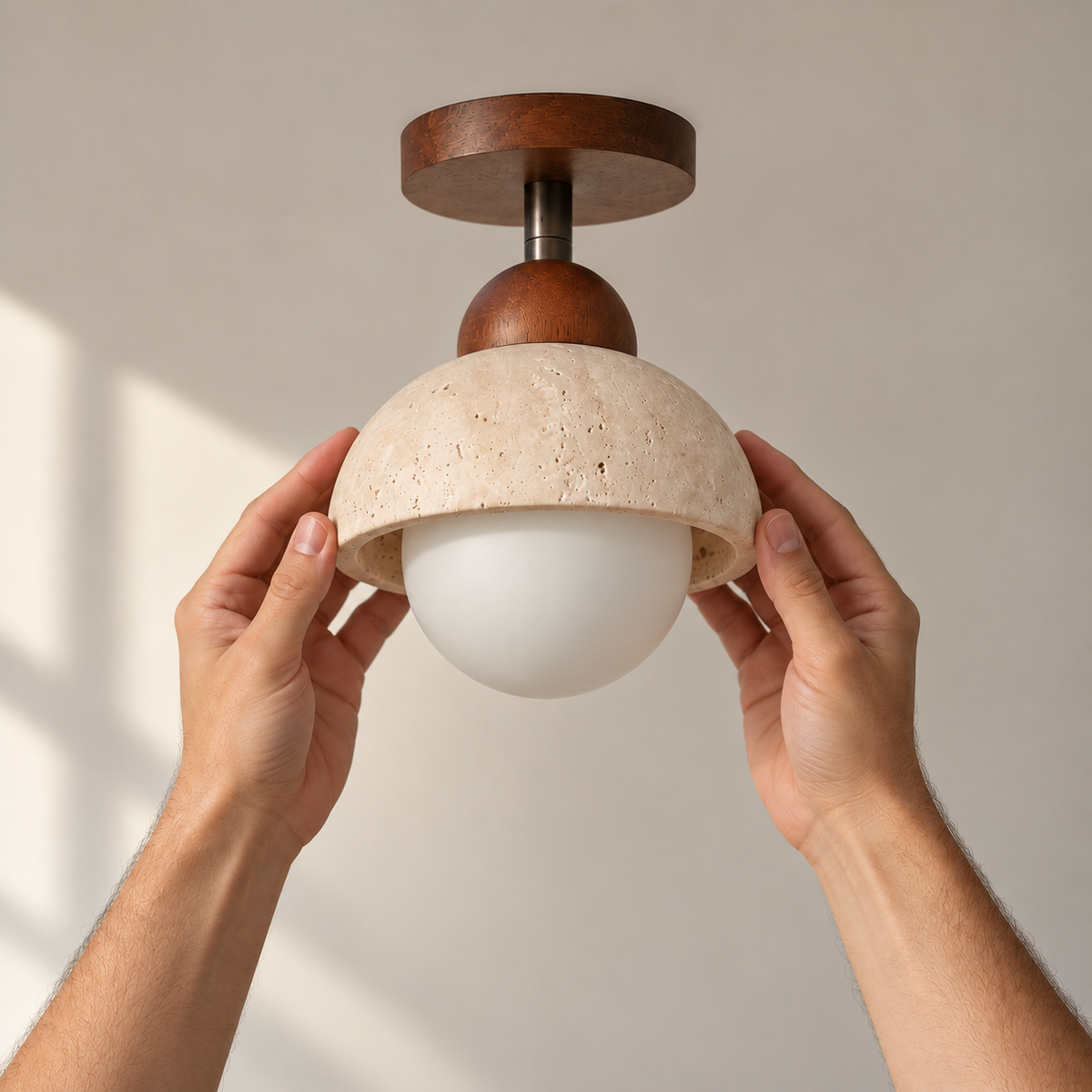 Plafonnier en Travertin Coupelle & Globe Opale