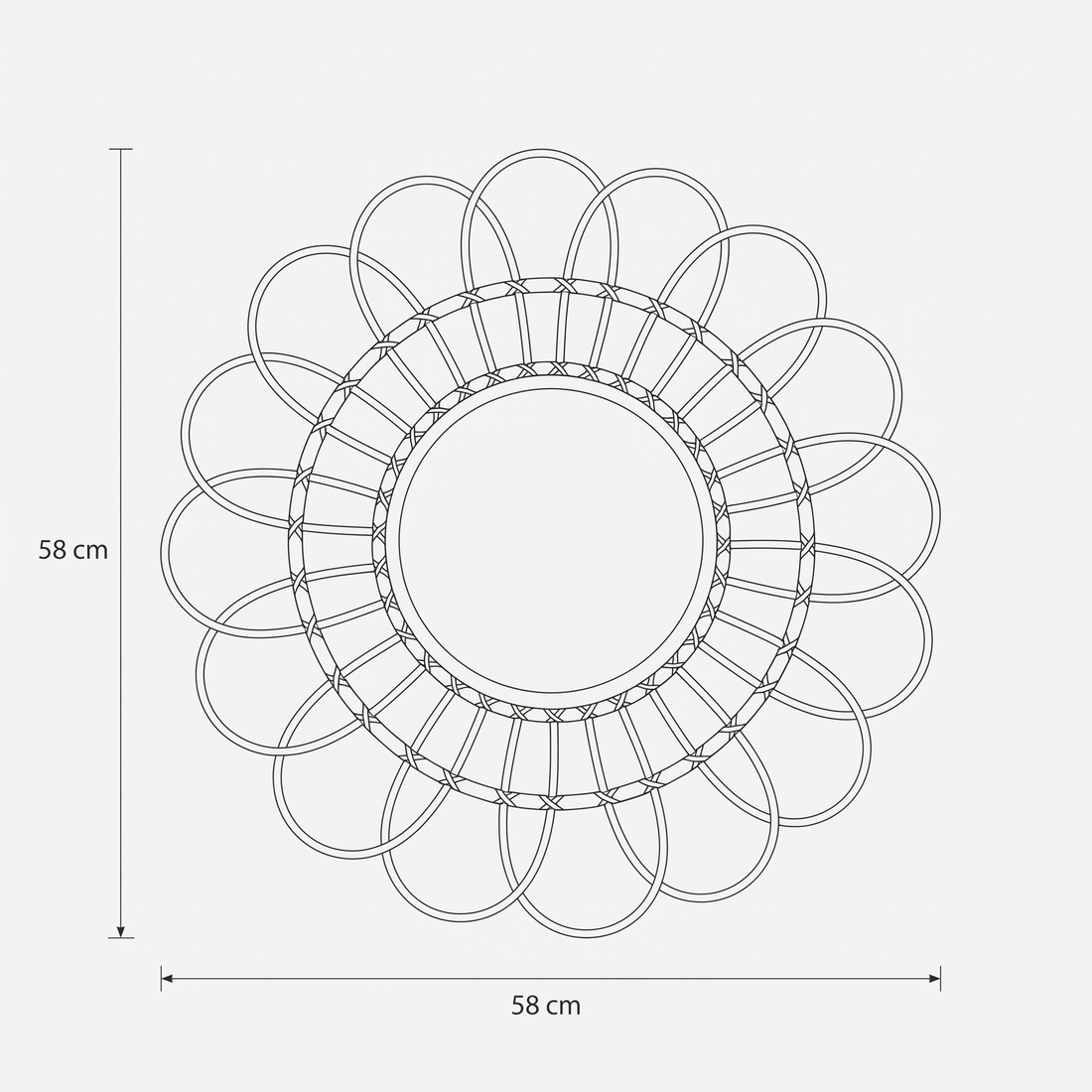 Dimensioni di Specchio rotondo a forma di fiore in rattan