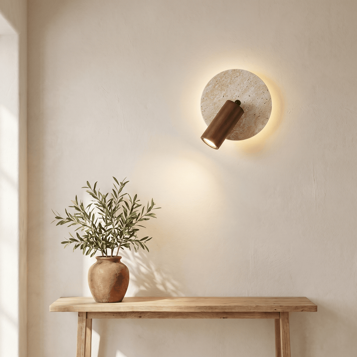 Applique Murale en Travertin & Spot Bois Orientable