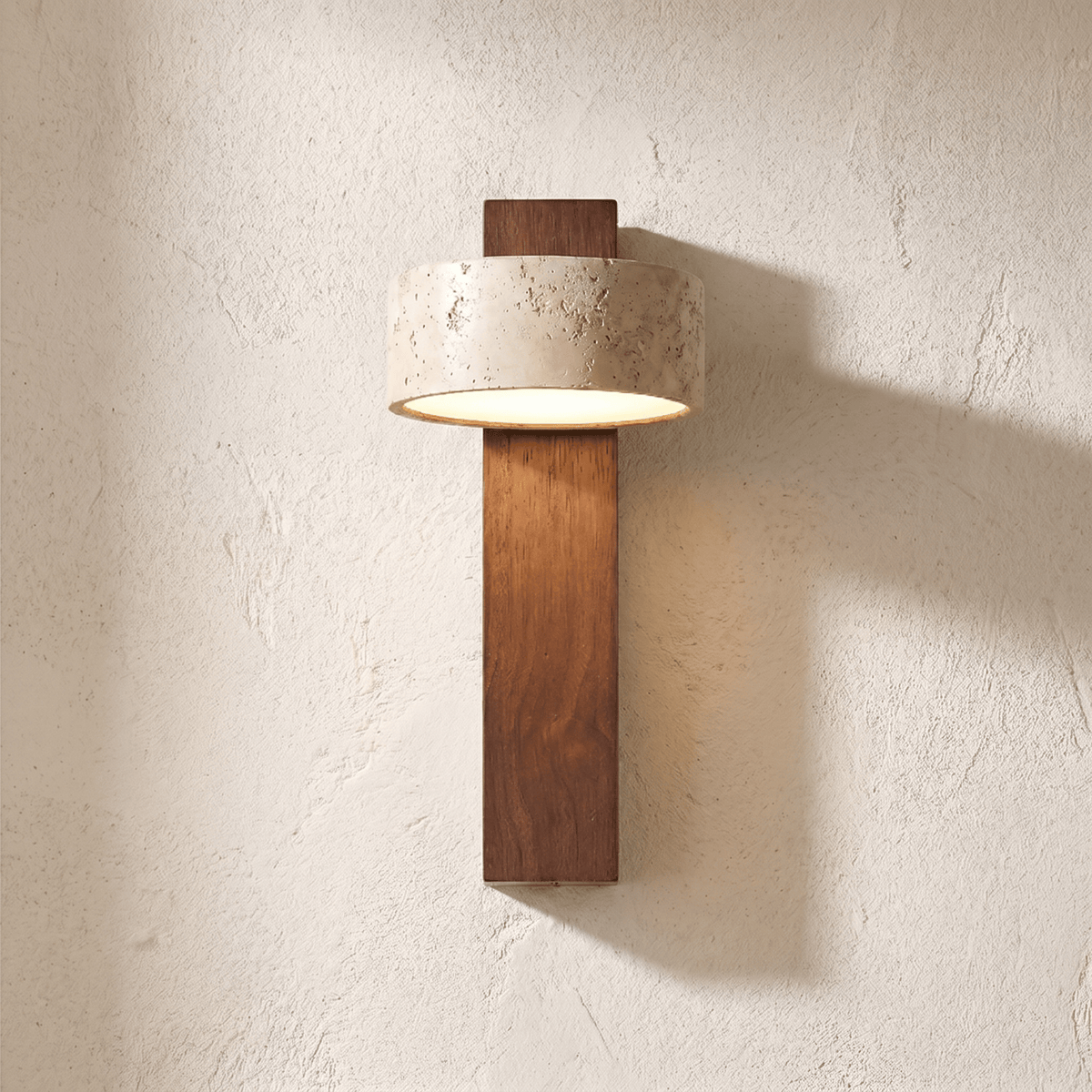 Applique Murale Montant Bois & Disque Travertin