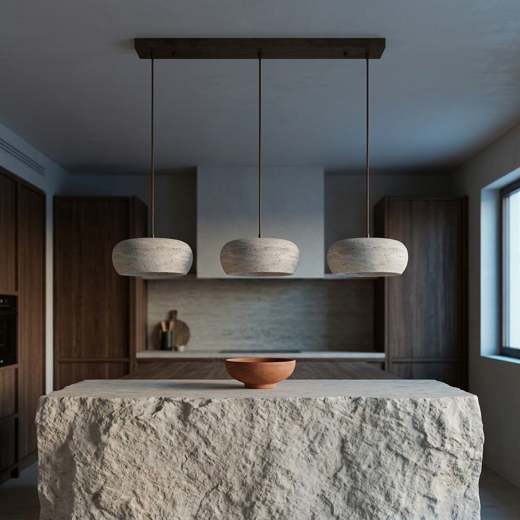 Lustre en Travertin 3 Lampes & Support en Bois