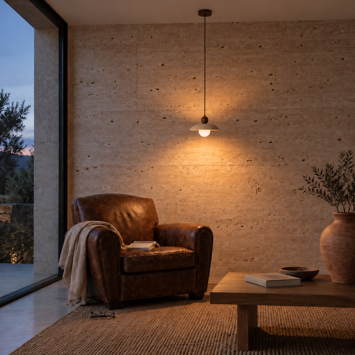 Suspension en Travertin Globe Opale & Bois