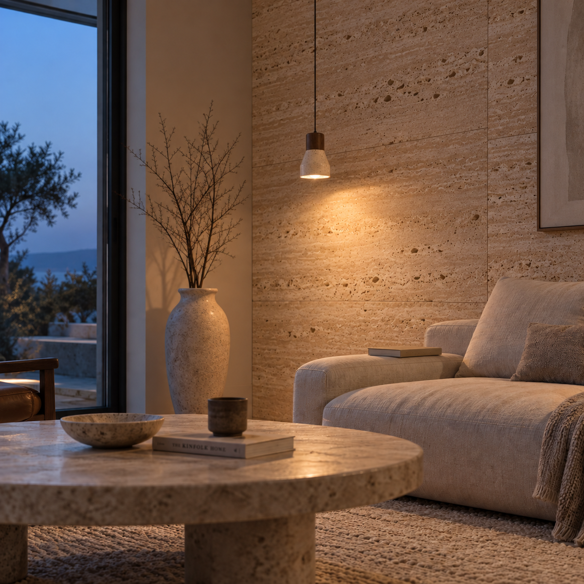 Suspension Tulipe en Travertin & Bois