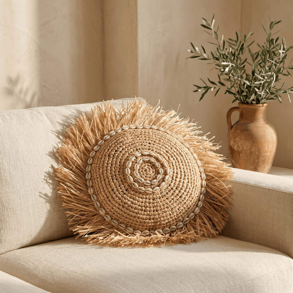 Coussin Rond en Fibre Naturelle & Cauris