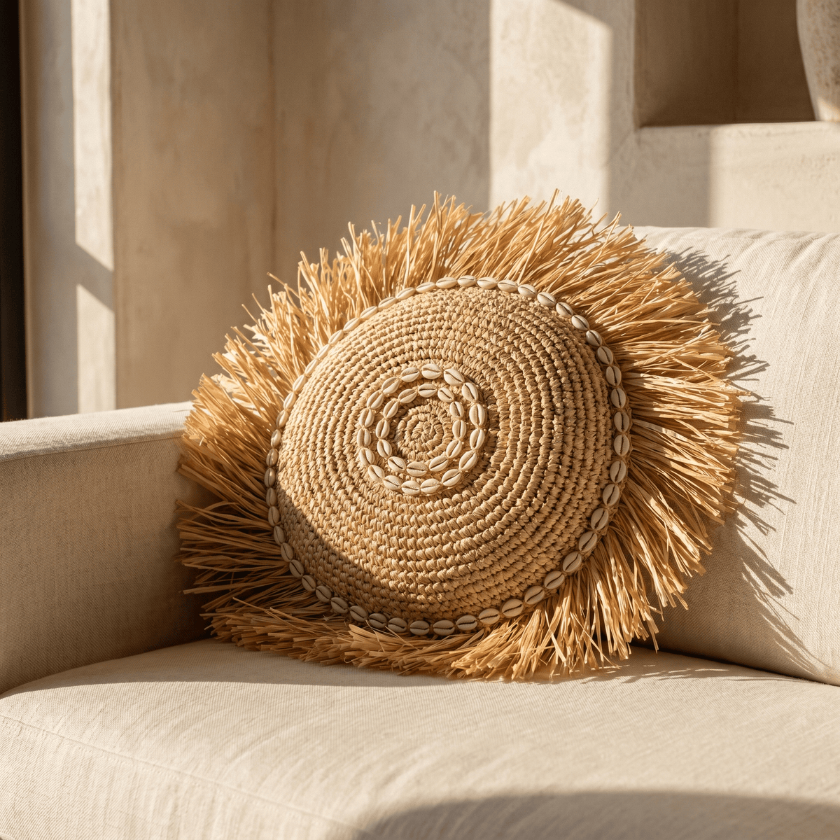 Coussin Rond en Fibre Naturelle & Cauris