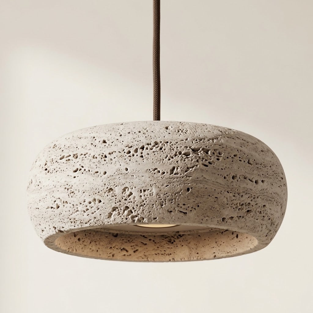 Lustre en Travertin 3 Lampes & Support en Bois
