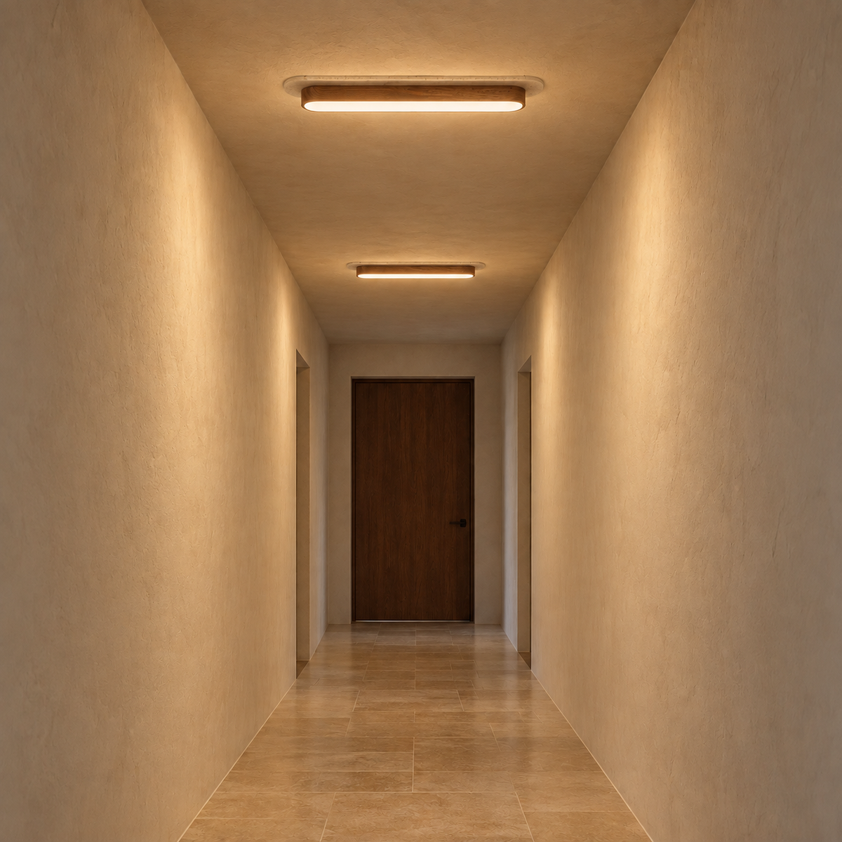Längliche LED-Deckenleuchte aus Travertin & Metall