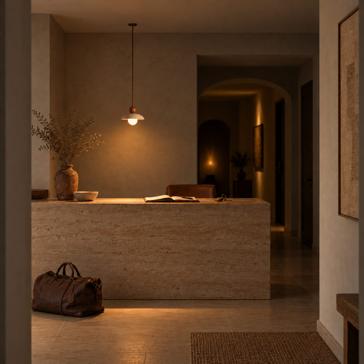 Suspension en Travertin Globe Opale & Bois
