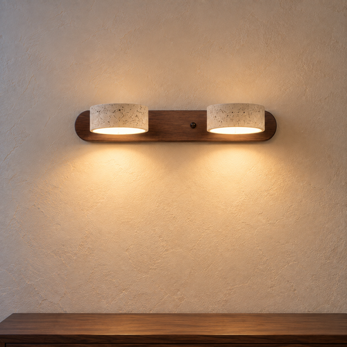 Wandleuchte mit 2 Spots aus Travertin & Holz