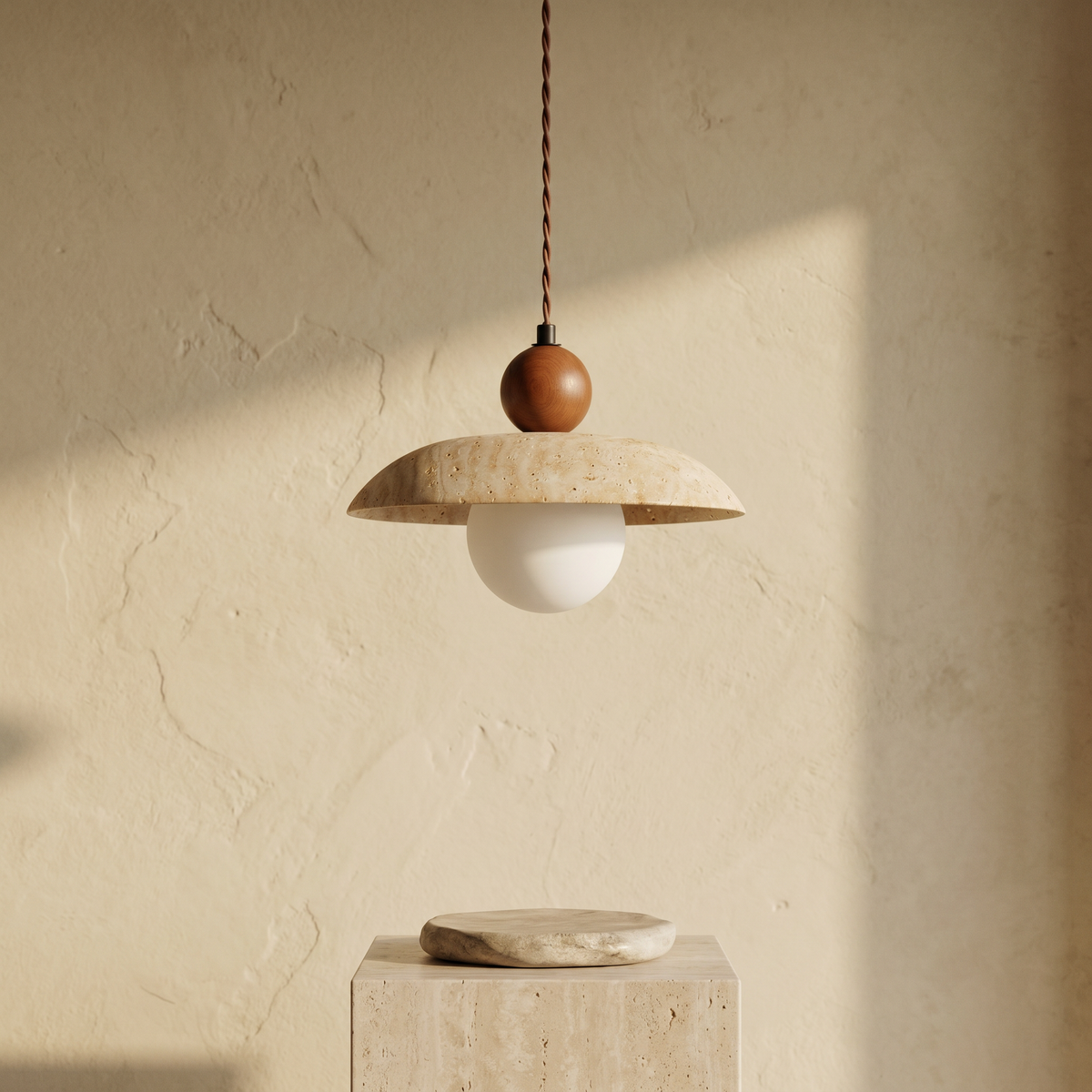 Suspension en Travertin Globe Opale & Bois