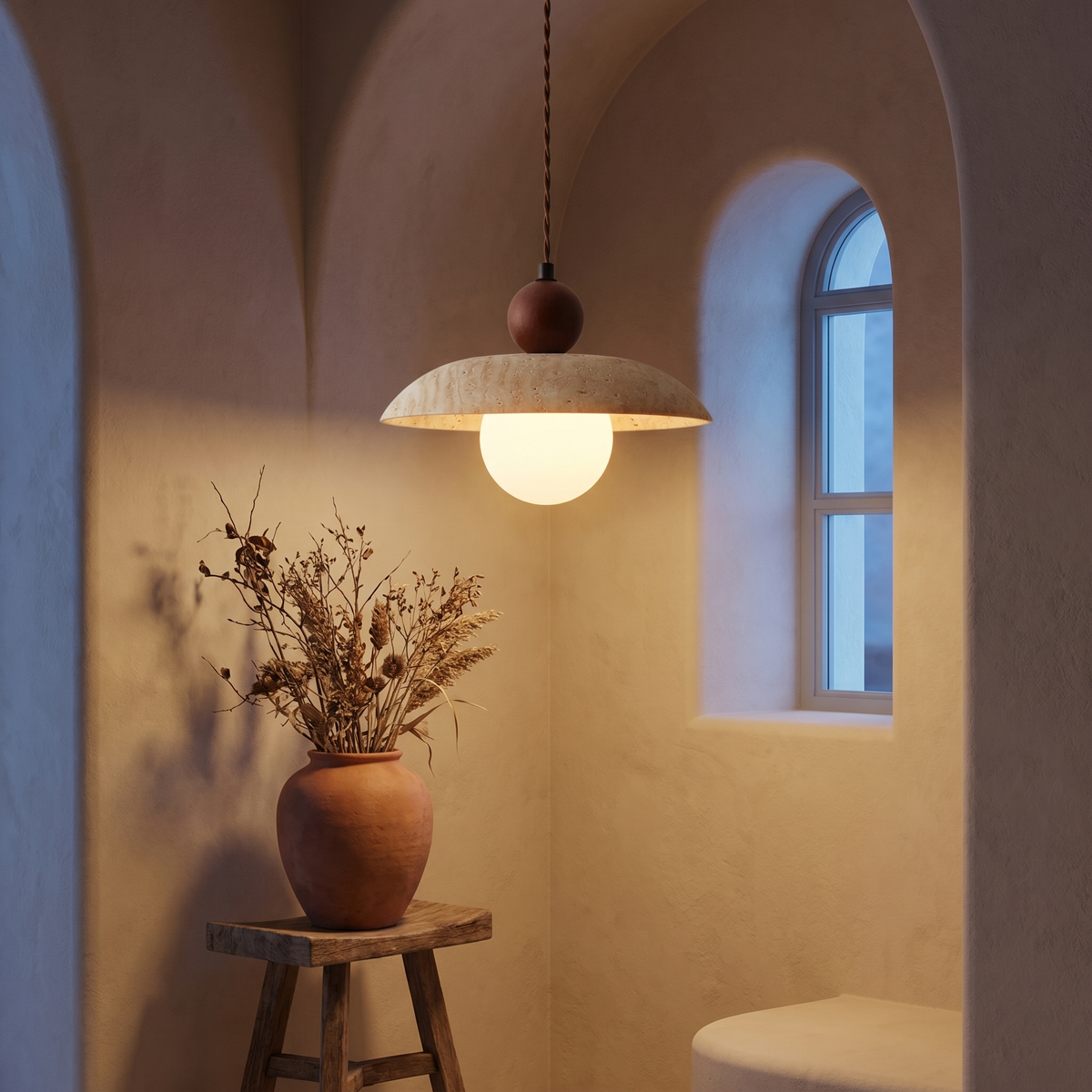 Suspension en Travertin Globe Opale & Bois