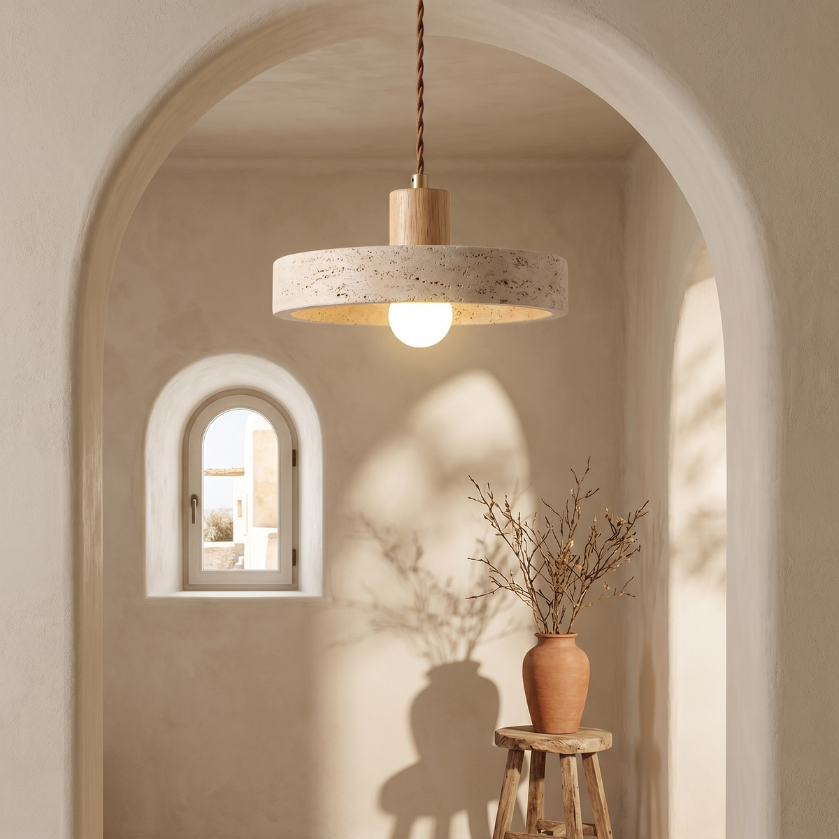 Suspension Disque en Travertin & Bois Clair