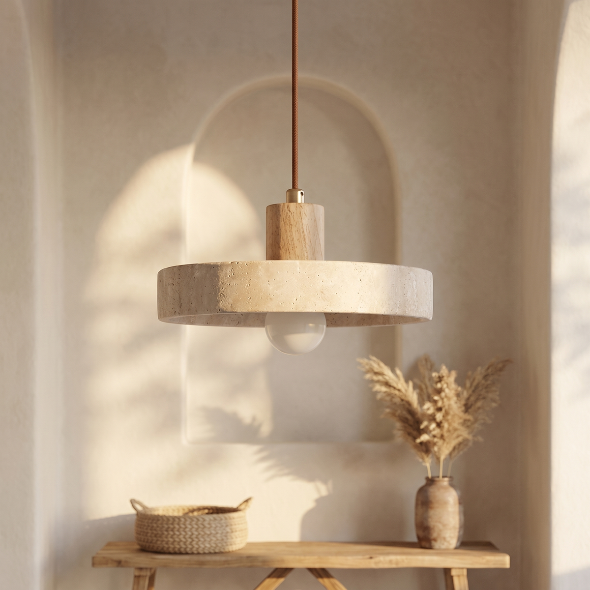 Suspension Disque en Travertin & Bois Clair