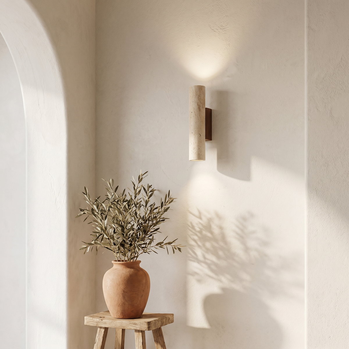 Applique Murale Tube en Travertin & Bois