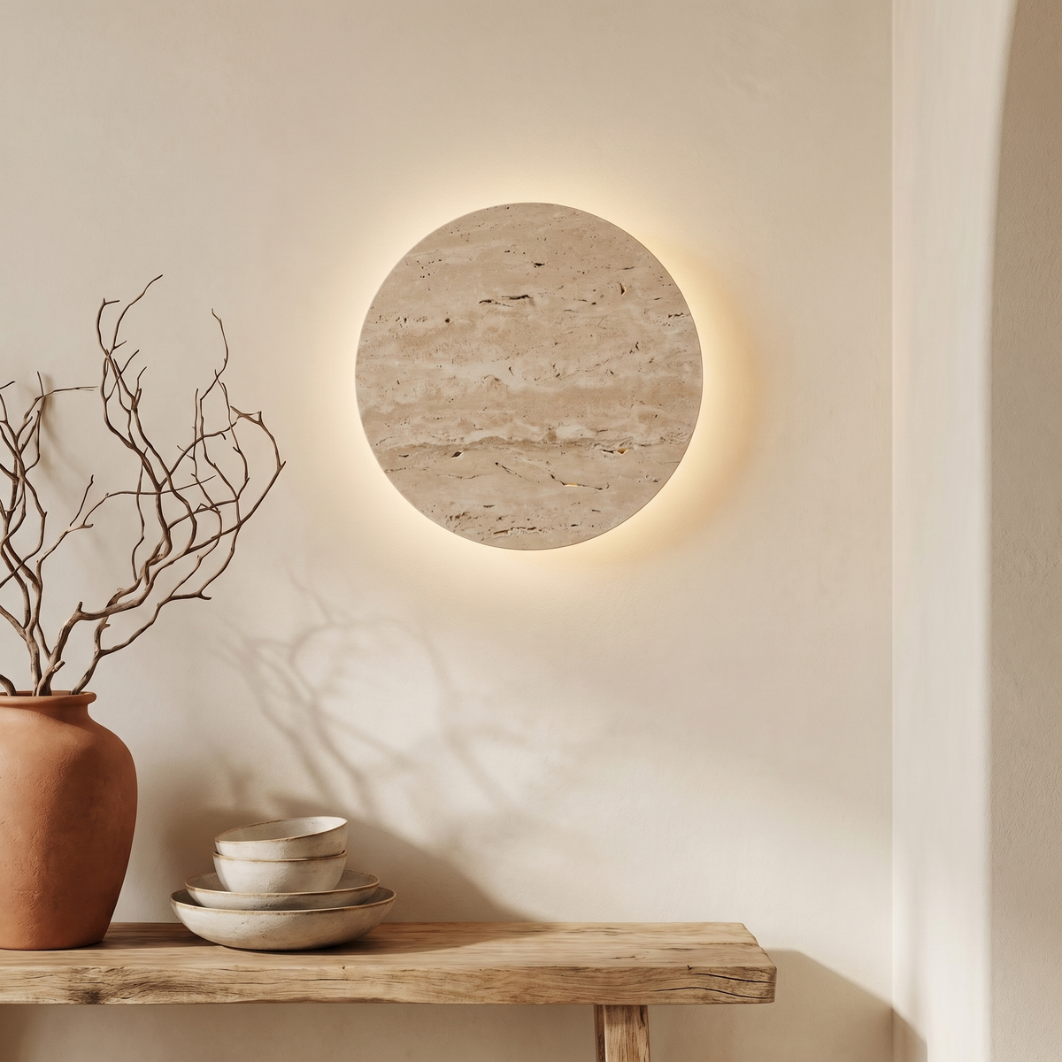 Applique Murale en Travertin Disque Lumineux
