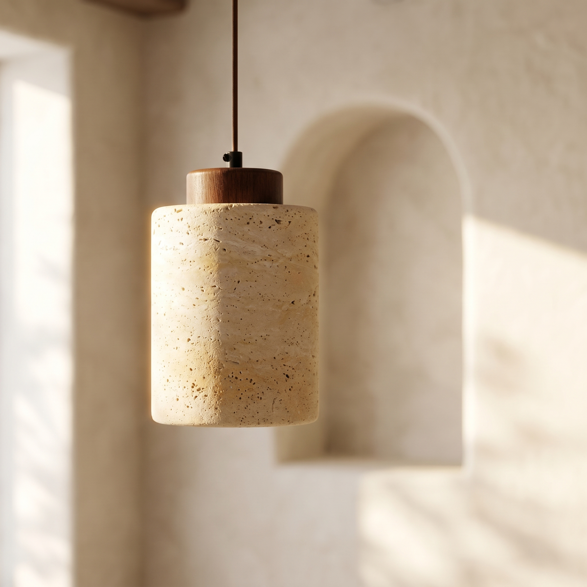 Suspension en Travertin & Capuchon Bois Foncé