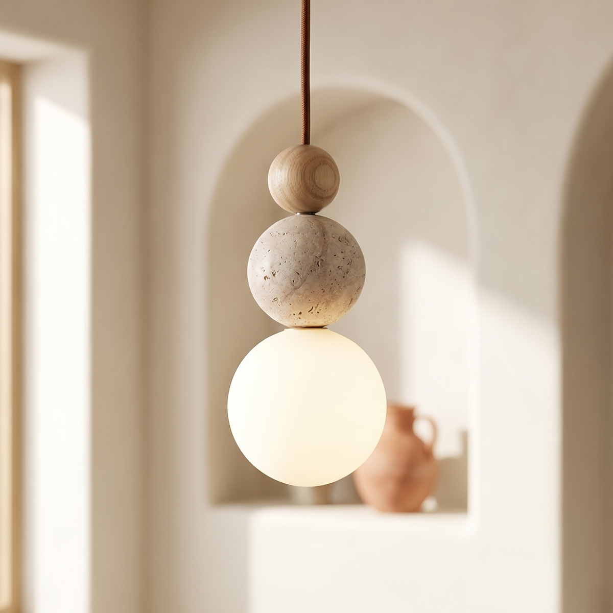 Suspension Boules Superposées en Travertin Bois