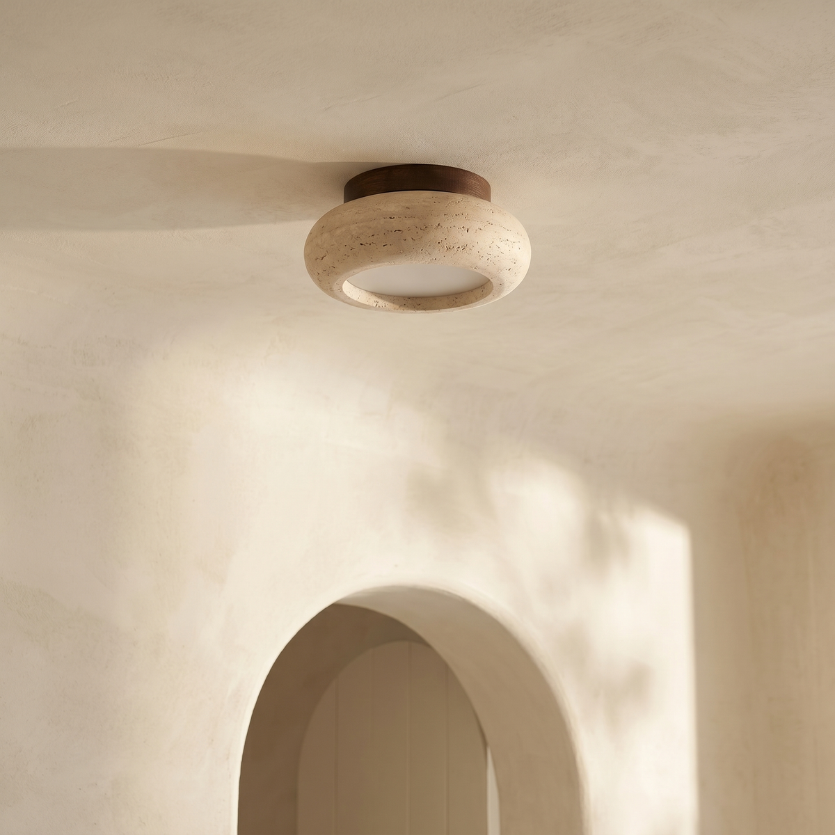 Plafonnier Rond en Travertin & Bois