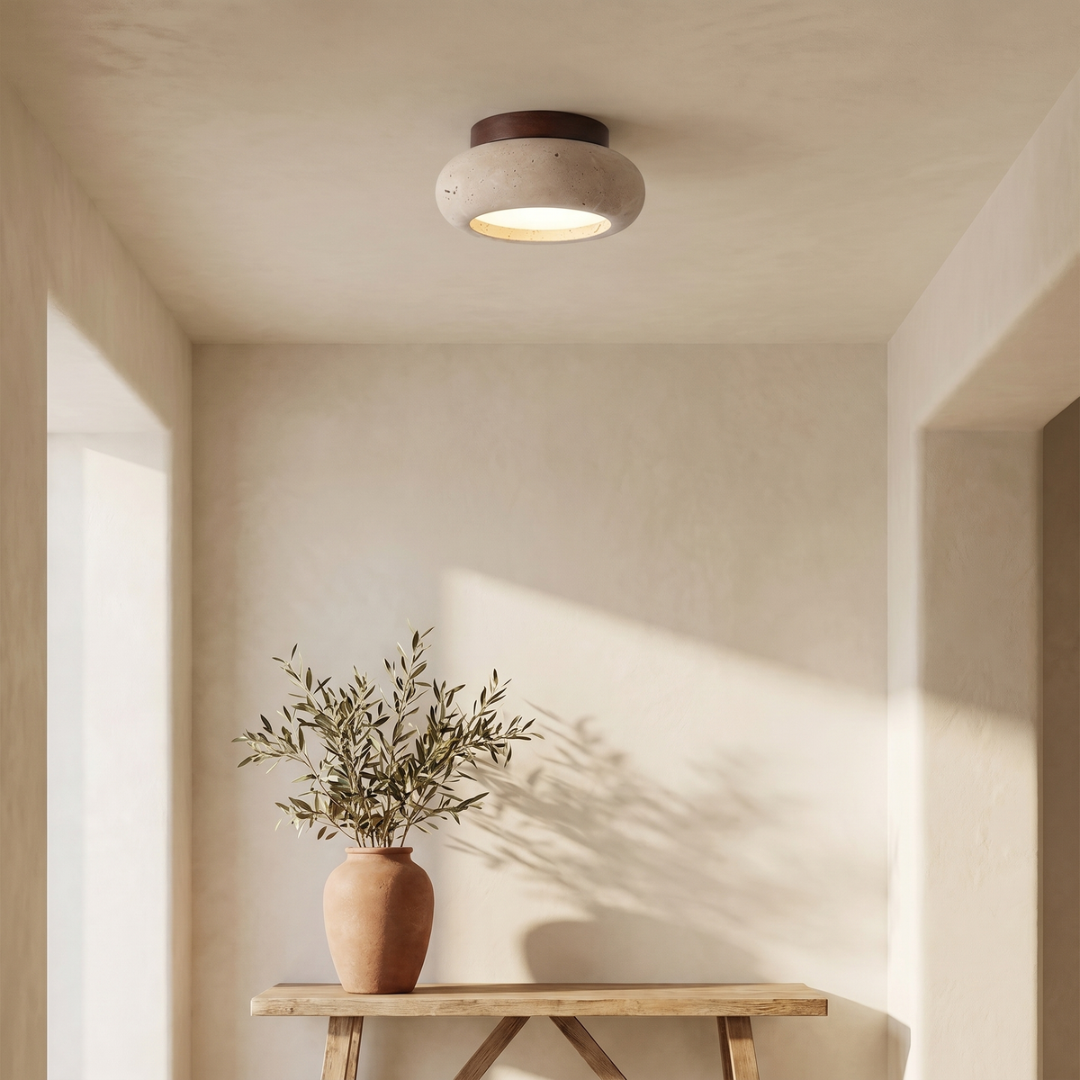 Plafonnier Rond en Travertin & Bois