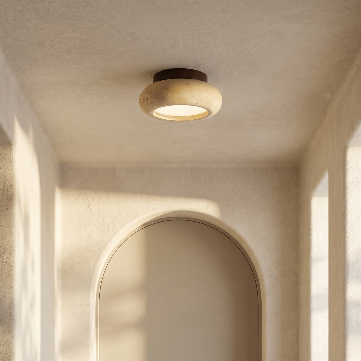 Plafonnier Rond en Travertin & Bois