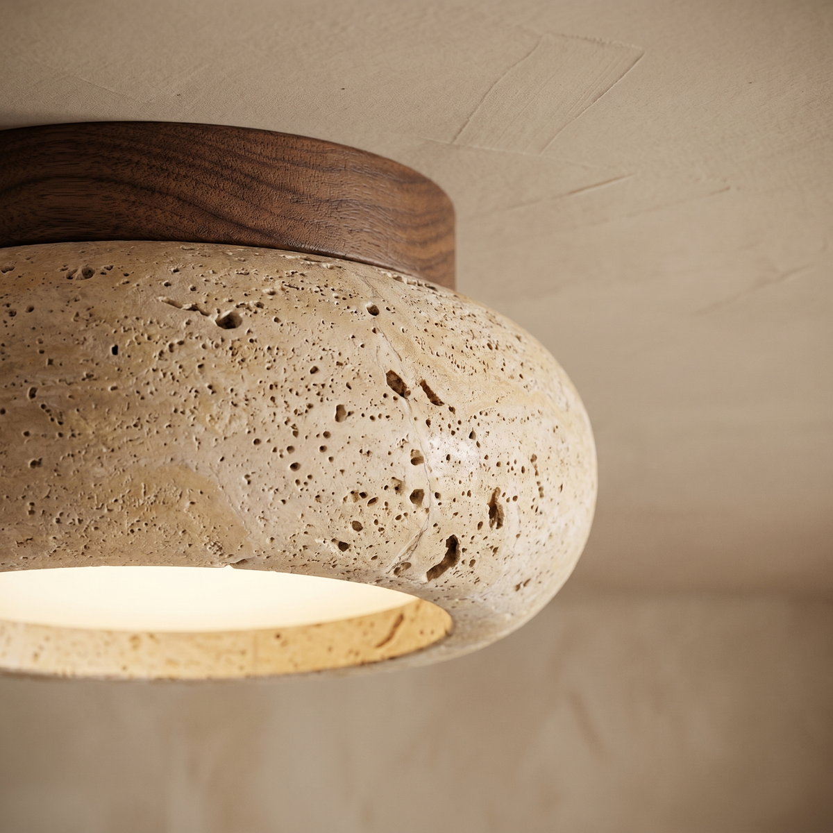 Plafonnier Rond en Travertin & Bois