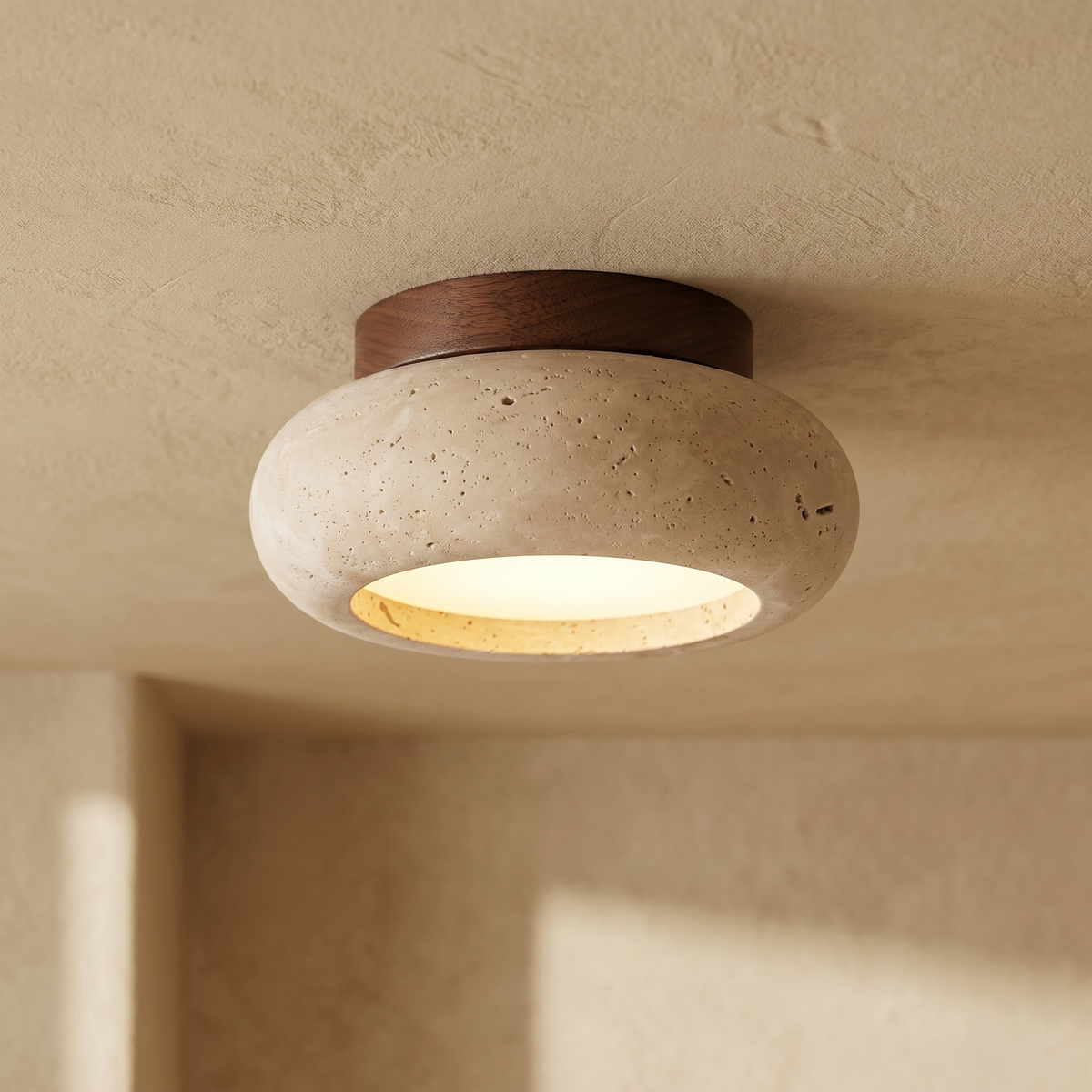 Plafonnier Rond en Travertin & Bois