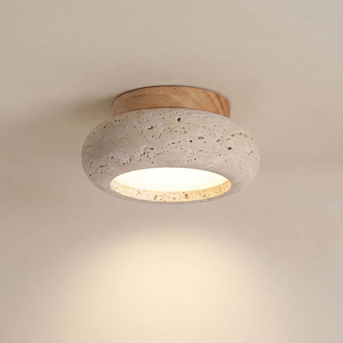 Plafonnier Rond en Travertin & Bois