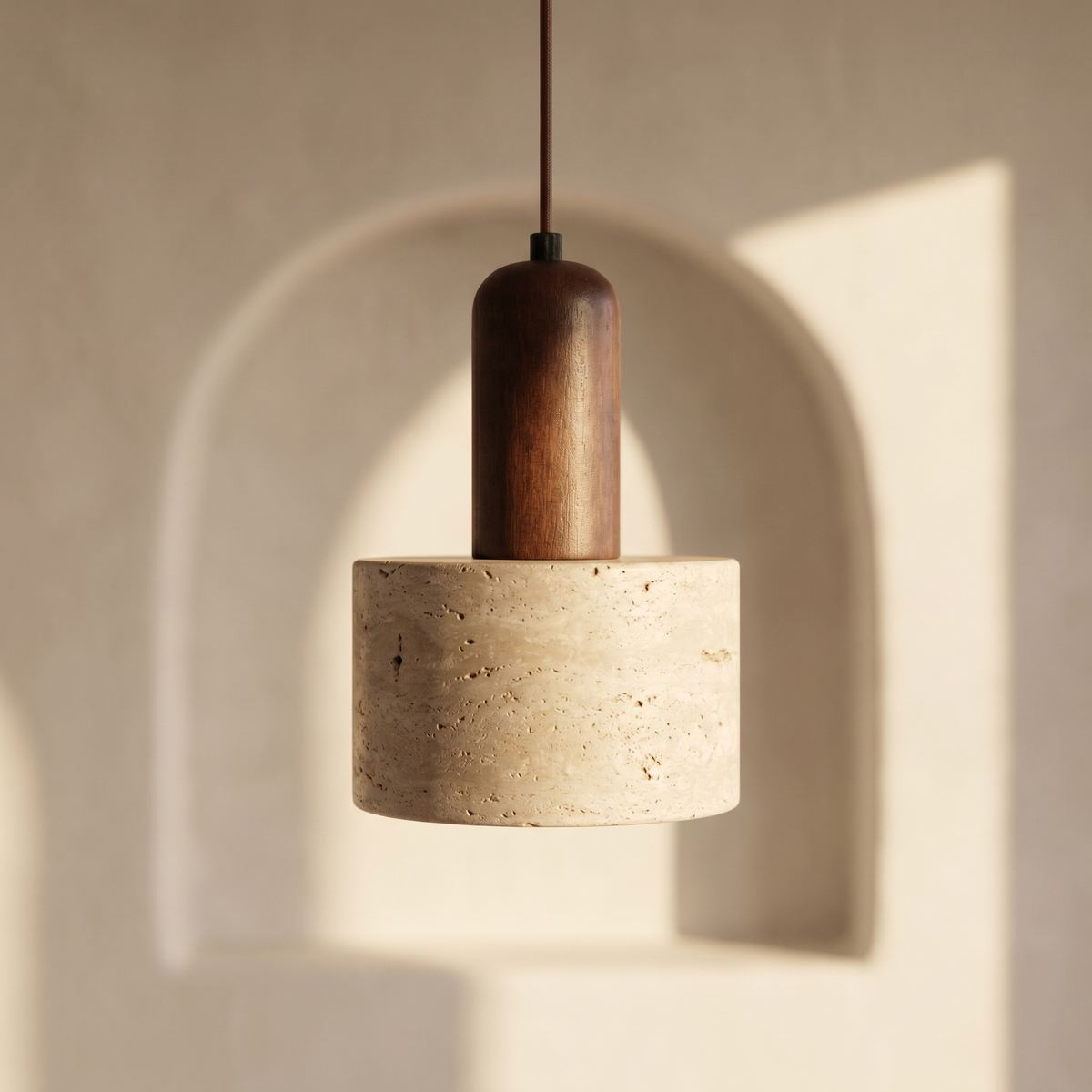 Suspension en Travertin & Tige Bois Foncé
