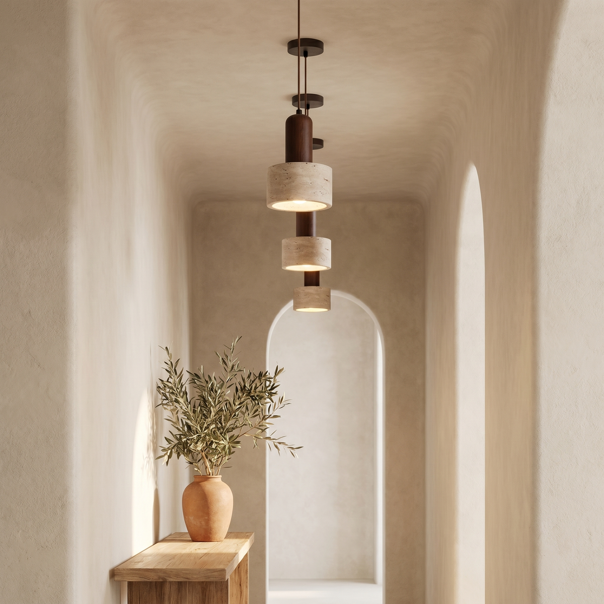 Suspension en Travertin & Tige Bois Foncé
