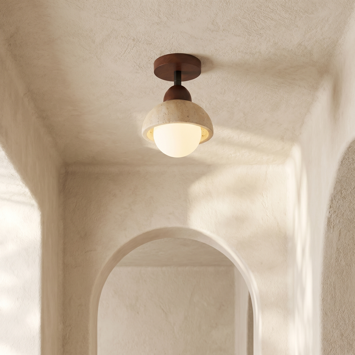 Plafonnier en Travertin Coupelle & Globe Opale