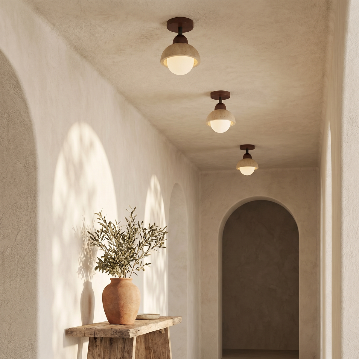 Plafonnier en Travertin Coupelle & Globe Opale